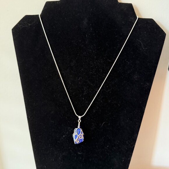 Lapis Lazuli Crystal Rock Silver Wrapped Necklace - Picture 4 of 6